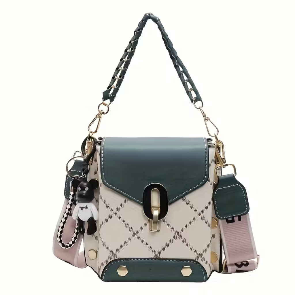 Premium Broad Belt Sling Bag – Designer Check Pattern Sling with Charm & Chain Detail