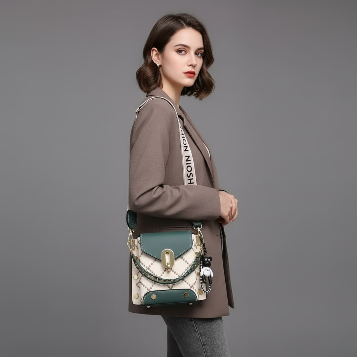 Premium Broad Belt Sling Bag – Designer Check Pattern Sling with Charm & Chain Detail