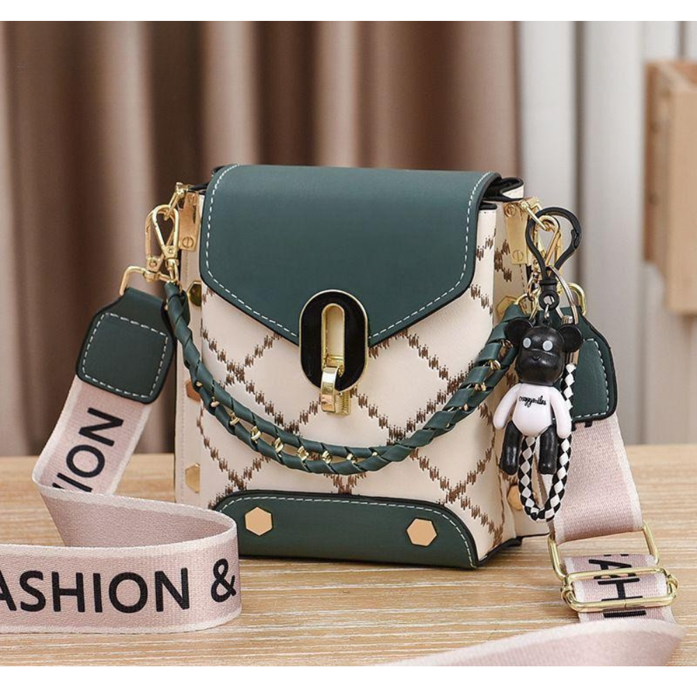 Premium Broad Belt Sling Bag – Designer Check Pattern Sling with Charm & Chain Detail